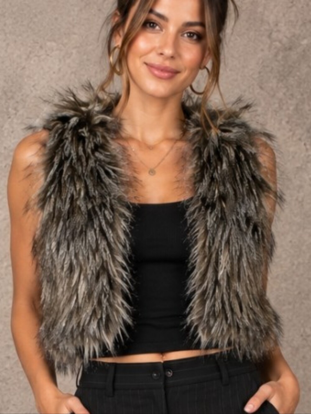 INC International Concepts Faux Fur Cropped Vest - Gray